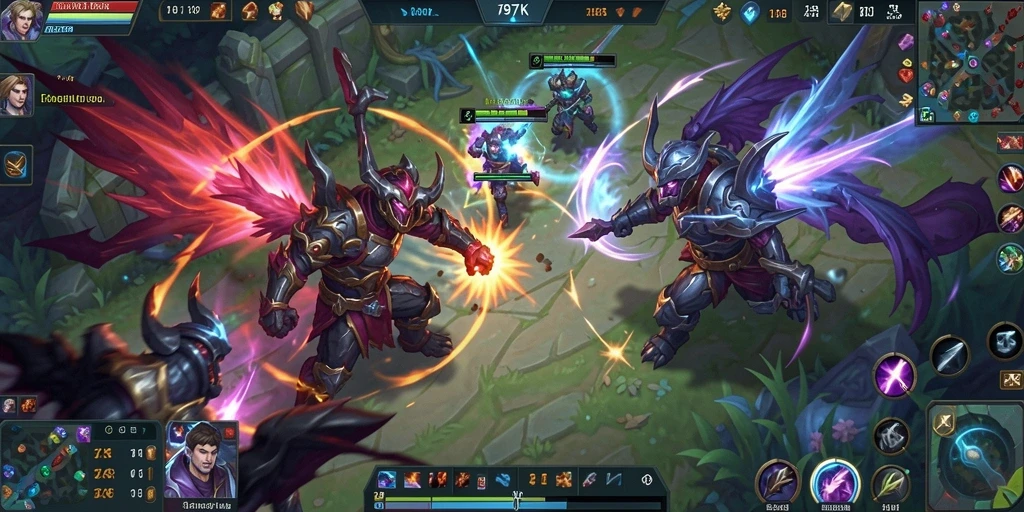 Tangkapan layar utama 797K menunjukkan aksi pertempuran seru dalam game MOBA.