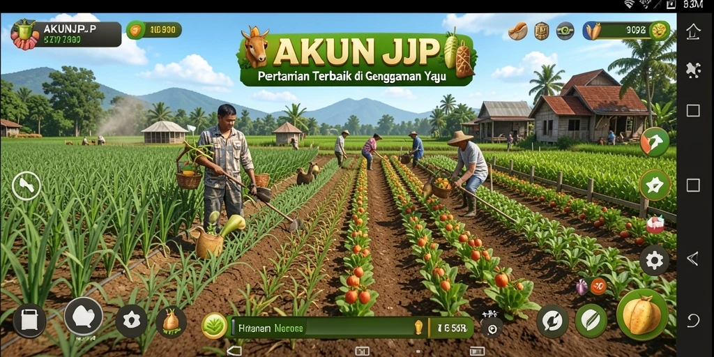 Tangkapan layar utama AKUNJP menampilkan kebun yang subur dan aktivitas panen.