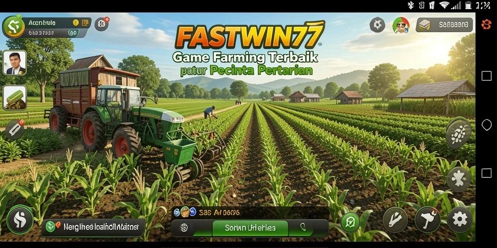 Screenshot permainan FASTWIN77 yang menunjukkan kebun yang subur dan aktivitas bertani.