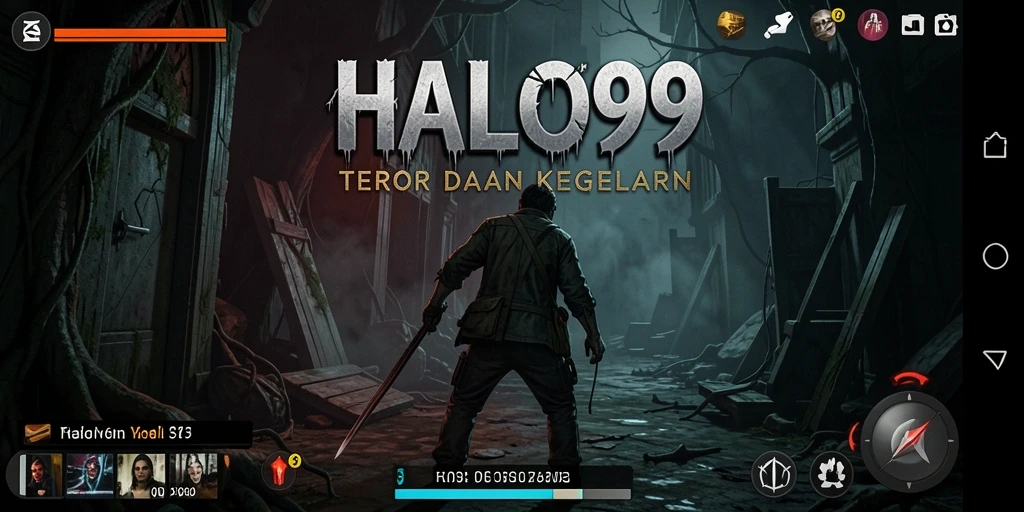 Screenshot gameplay HALO99 menampilkan kegelapan dan makhluk menyeramkan.