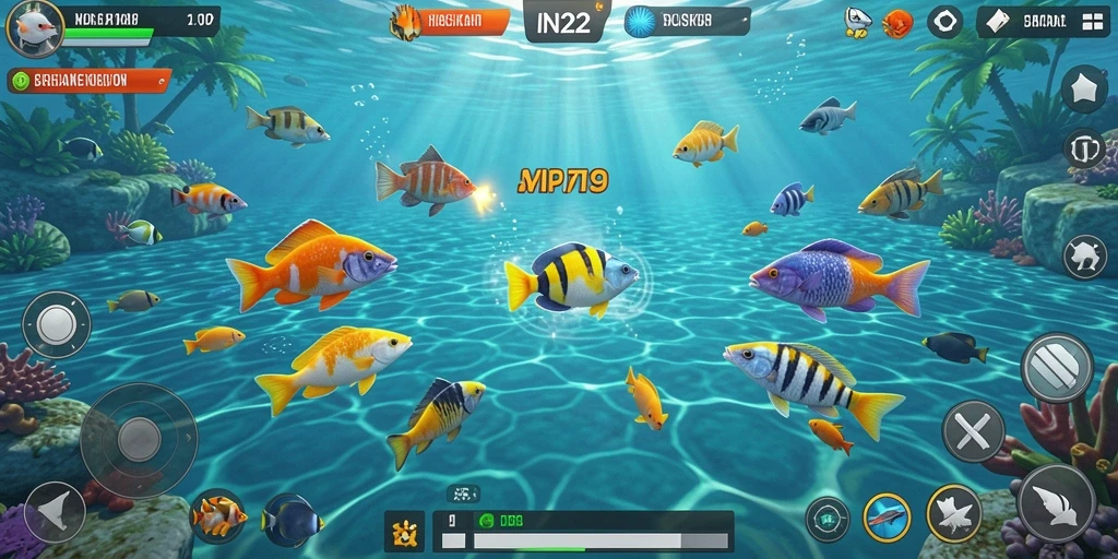 Tangkapan layar gameplay yang seru dari IN22, menampilkan aksi menembak ikan.