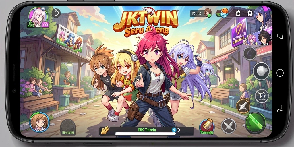 Tampilan gameplay seru dalam JKTWIN yang menggambarkan dunia anime.