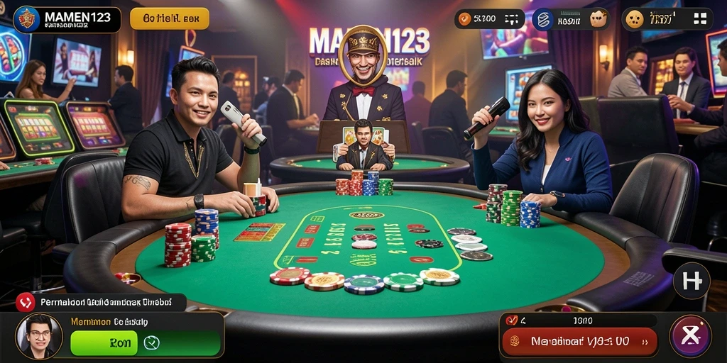 Screenshot gameplay MAMEN123 menampilkan dealer langsung dengan suasana kasino yang hidup.