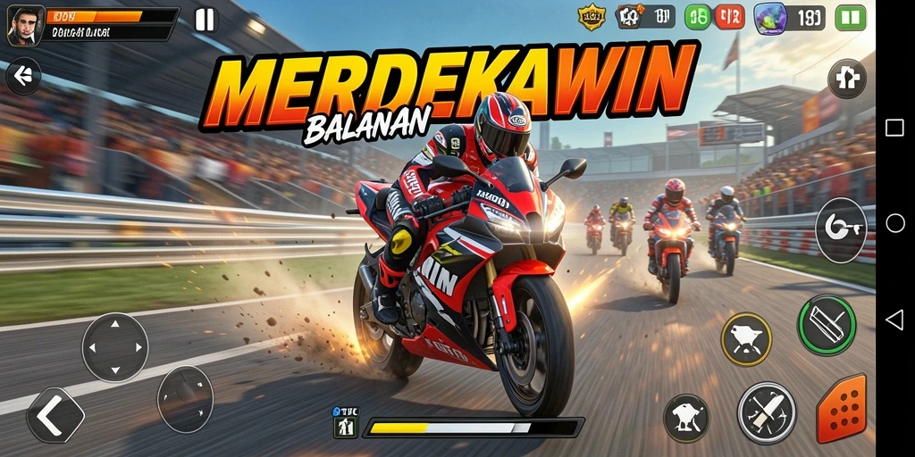 Tampilan gameplay seru dalam balapan motor MERDEKAWIN.