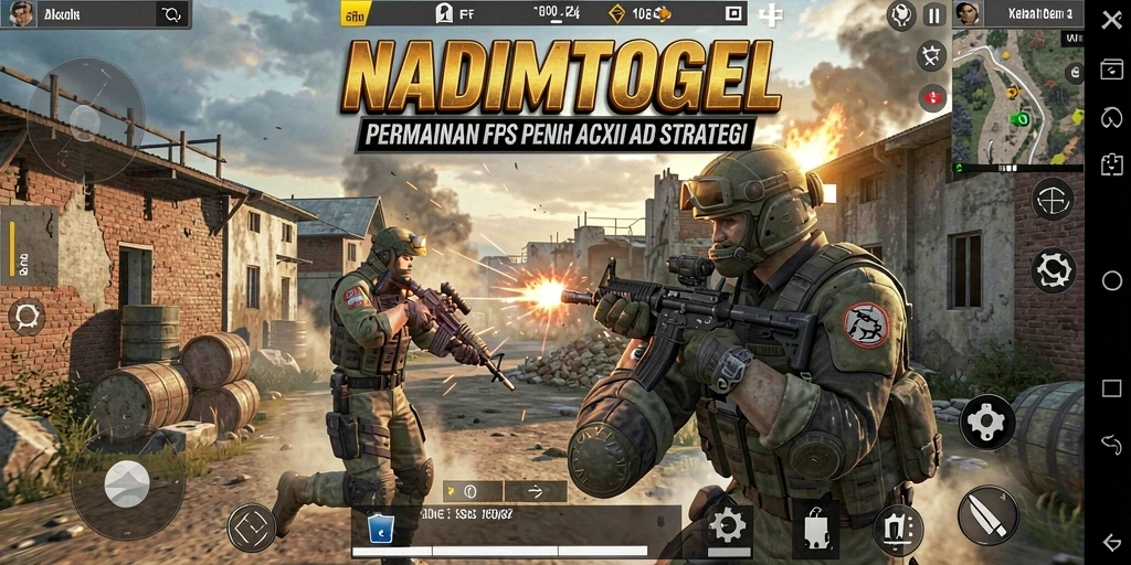 Screenshot dari gameplay NADIMTOGEL menunjukkan aksi menembak yang intens.