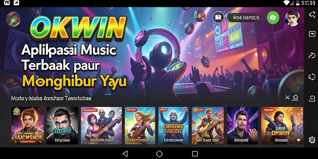 Screenshot utama OKWIN menampilkan antarmuka pengguna yang sederhana dan musik yang menarik.