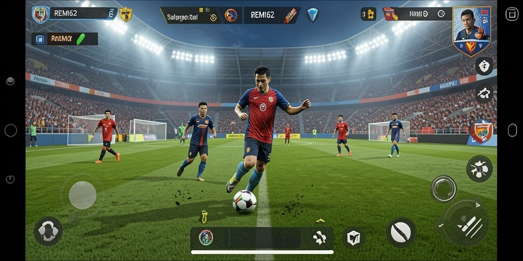 Tampilan gameplay REMI62 dengan aksi seru di lapangan sepak bola.