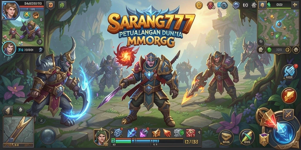 Screenshot utama SARANG777 menampilkan pertempuran epik dan lingkungan fantastis di MMORPG.