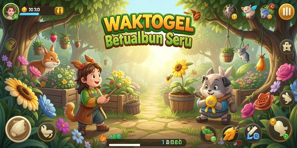Tampilan gameplay WAKTOGEL dengan kebun yang rimbun dan tanaman subur.